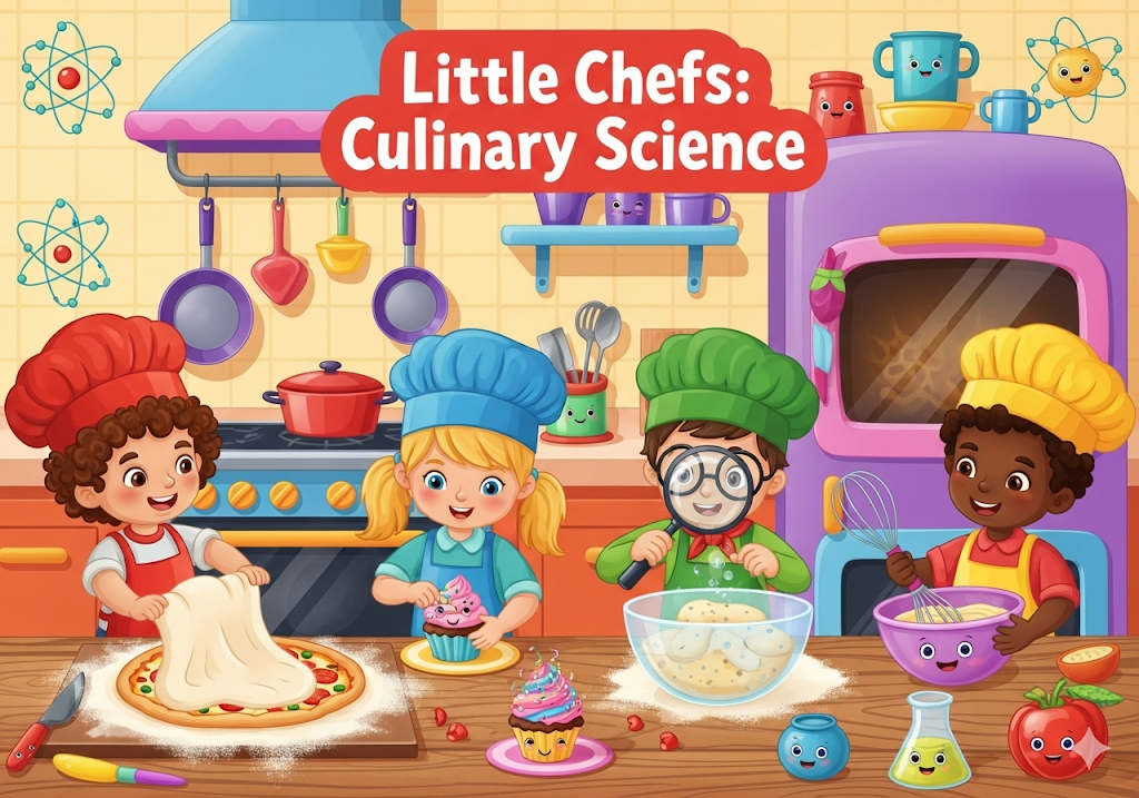 A vibrant vector illustration of diverse children happily participating in a cooking class.