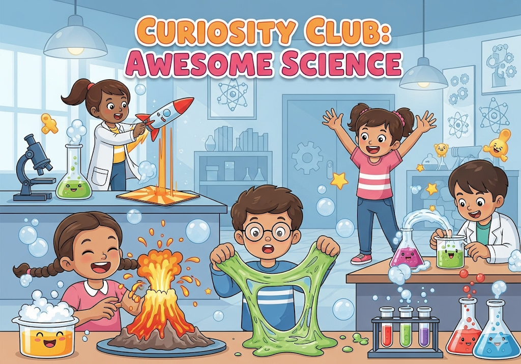 A fun vector illustration of diverse children excitedly conducting hands-on science experiments.